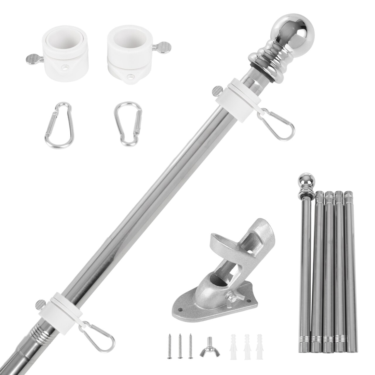 6 Ft Tangle Free Adjustable Flag Pole Kit Stainless Steel For House Porch Silver